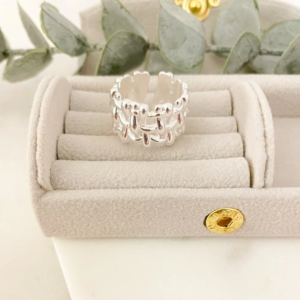 925 Sterling Silver Chunky Bold Statement Ring Thick Wide Ring Woven Ring Band - Picture 5 of 9